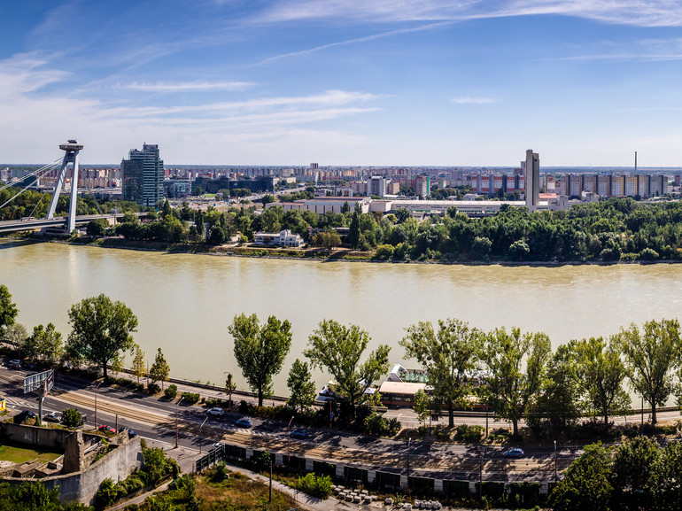 Panorama with UFO Tower and view of Petrzalka, Bratislava Slovakia