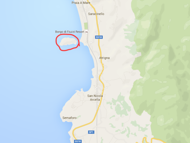 Mappa dell'itinerario del periplo dell'Isola di Dino, in Calabria