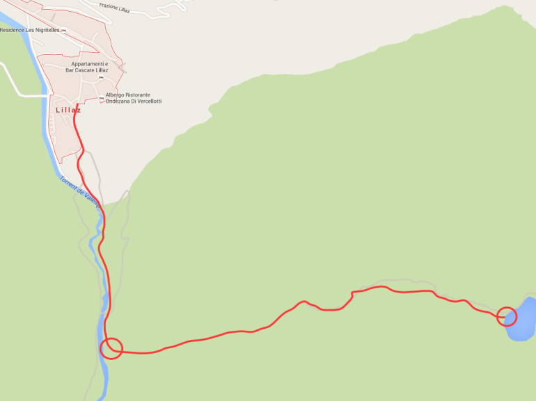 Mappa dell'itinerario tra Le Cascate di Lillaz e il Lago di Loie, partendo da Lilla, Val di Cogne nel Parco Nazionale Gran Paradiso