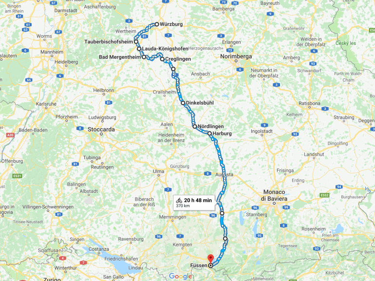 Mappa della Romantische Strasse, via Google Maps