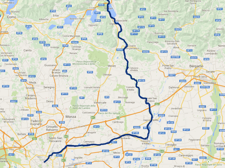 mapa de ruta: de Milan a Lecco en bicicletas